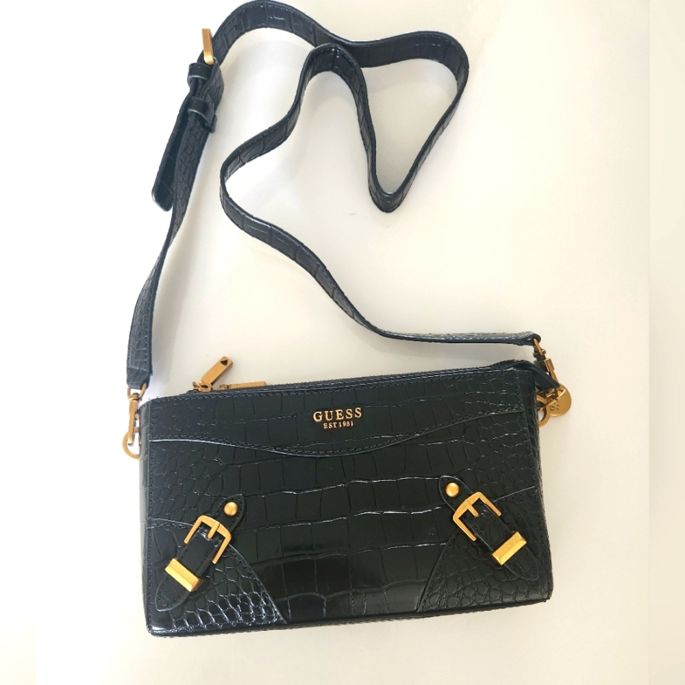 GUESS Black Croc Embossed Vegan Leather Crossbody Bag Gold Horsebit Hardware New